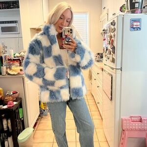 Blue white checkered furry coat